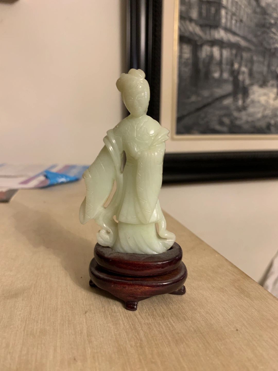 Vintage Jade Lady Figurine on Wooden Stand