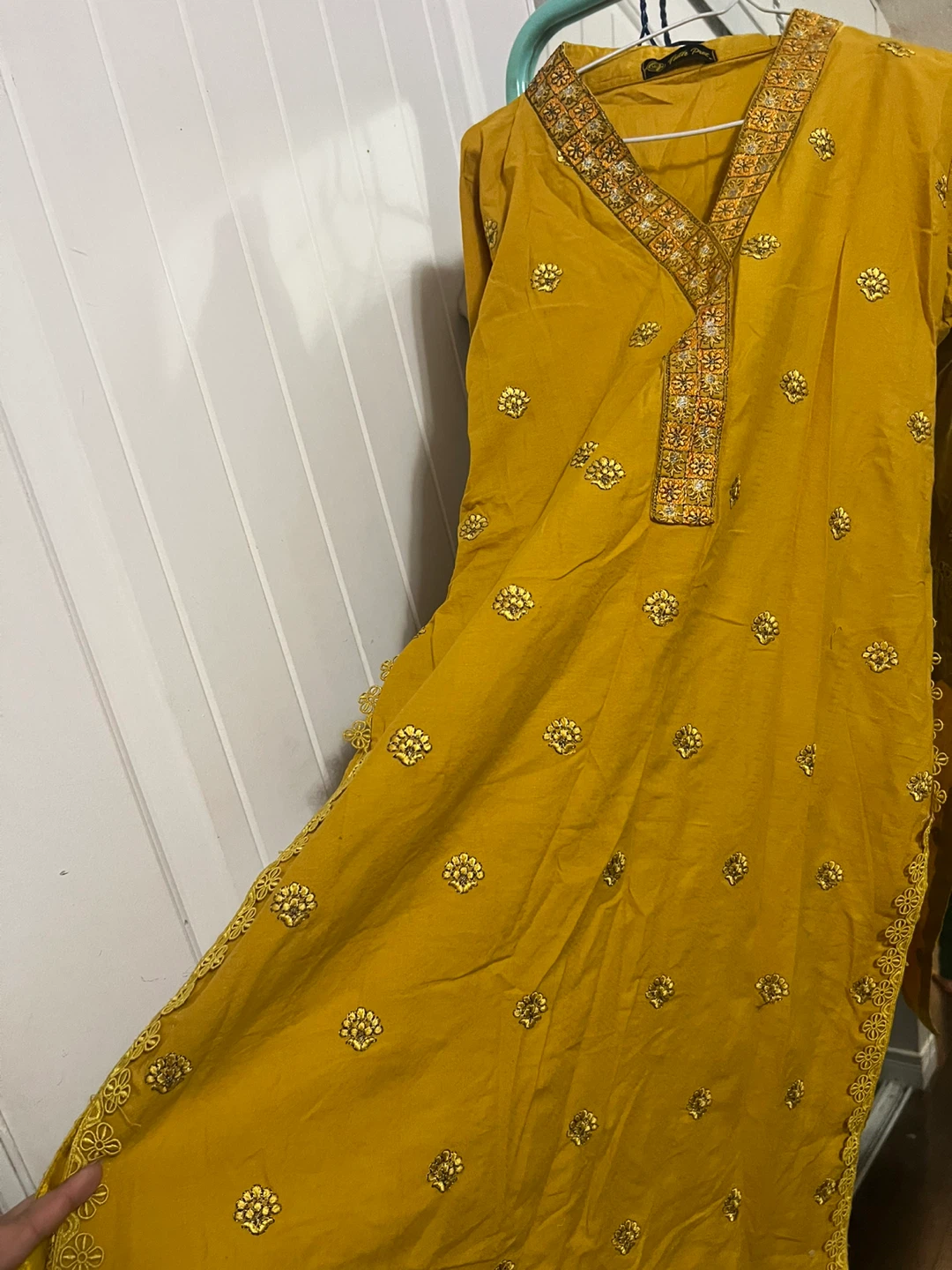 Two piece Embroidered Mustard Yellow Kurti and Beige Pants - photo 2