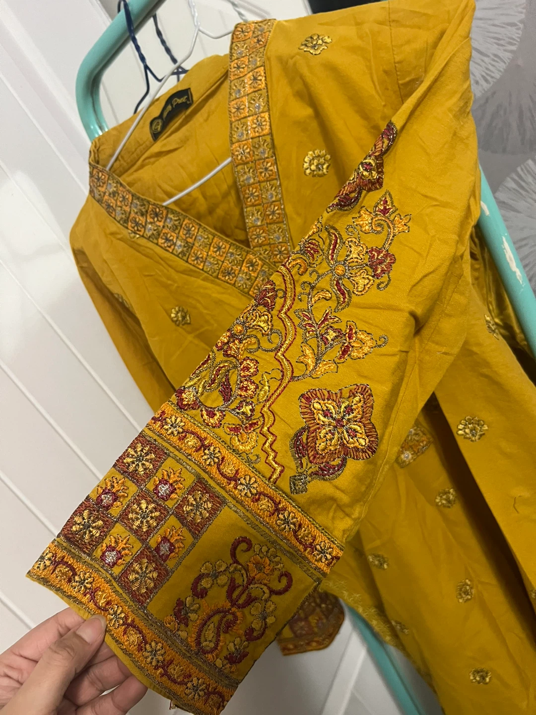 Two piece Embroidered Mustard Yellow Kurti and Beige Pants