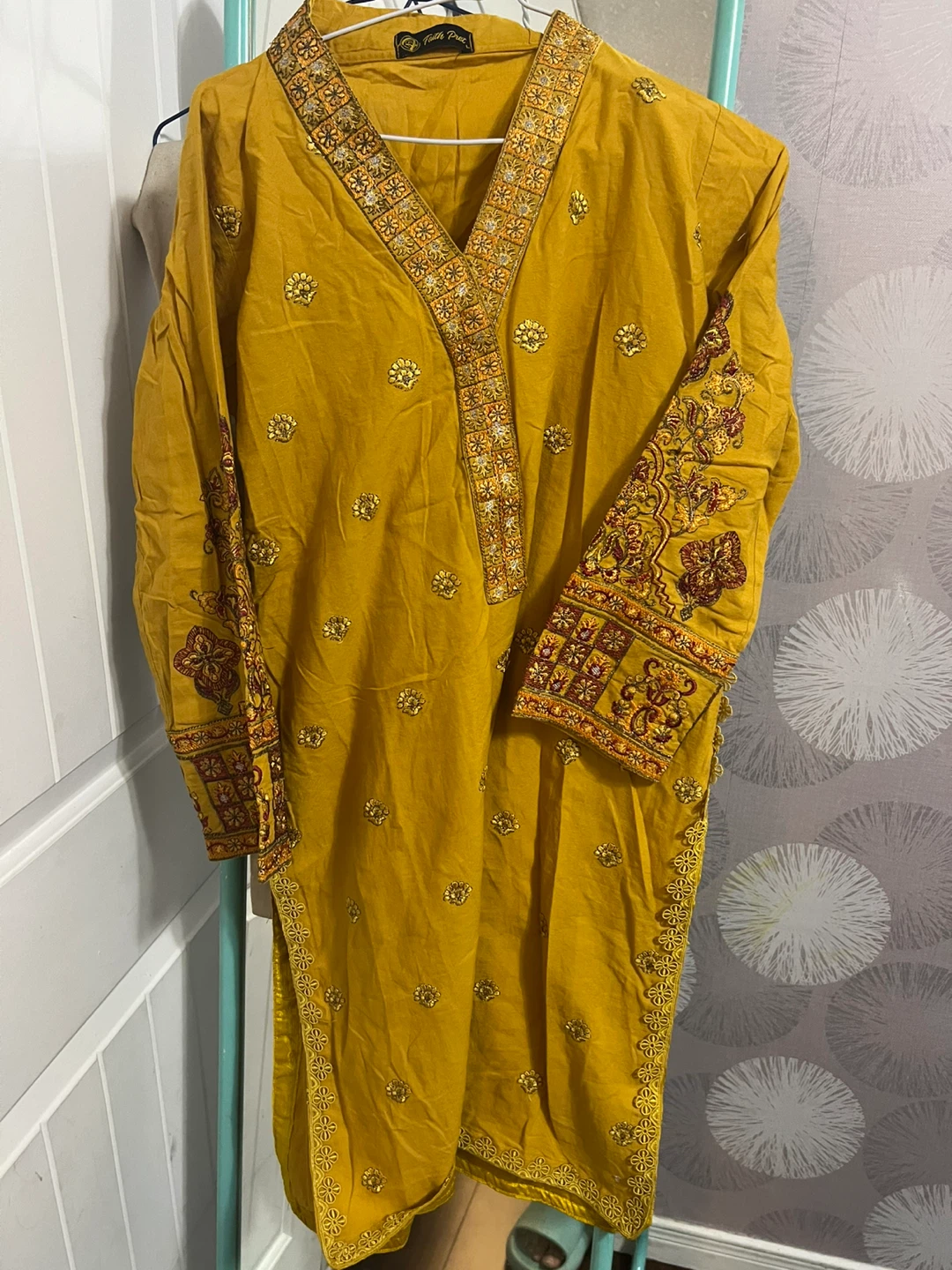 Two piece Embroidered Mustard Yellow Kurti and Beige Pants - photo 5