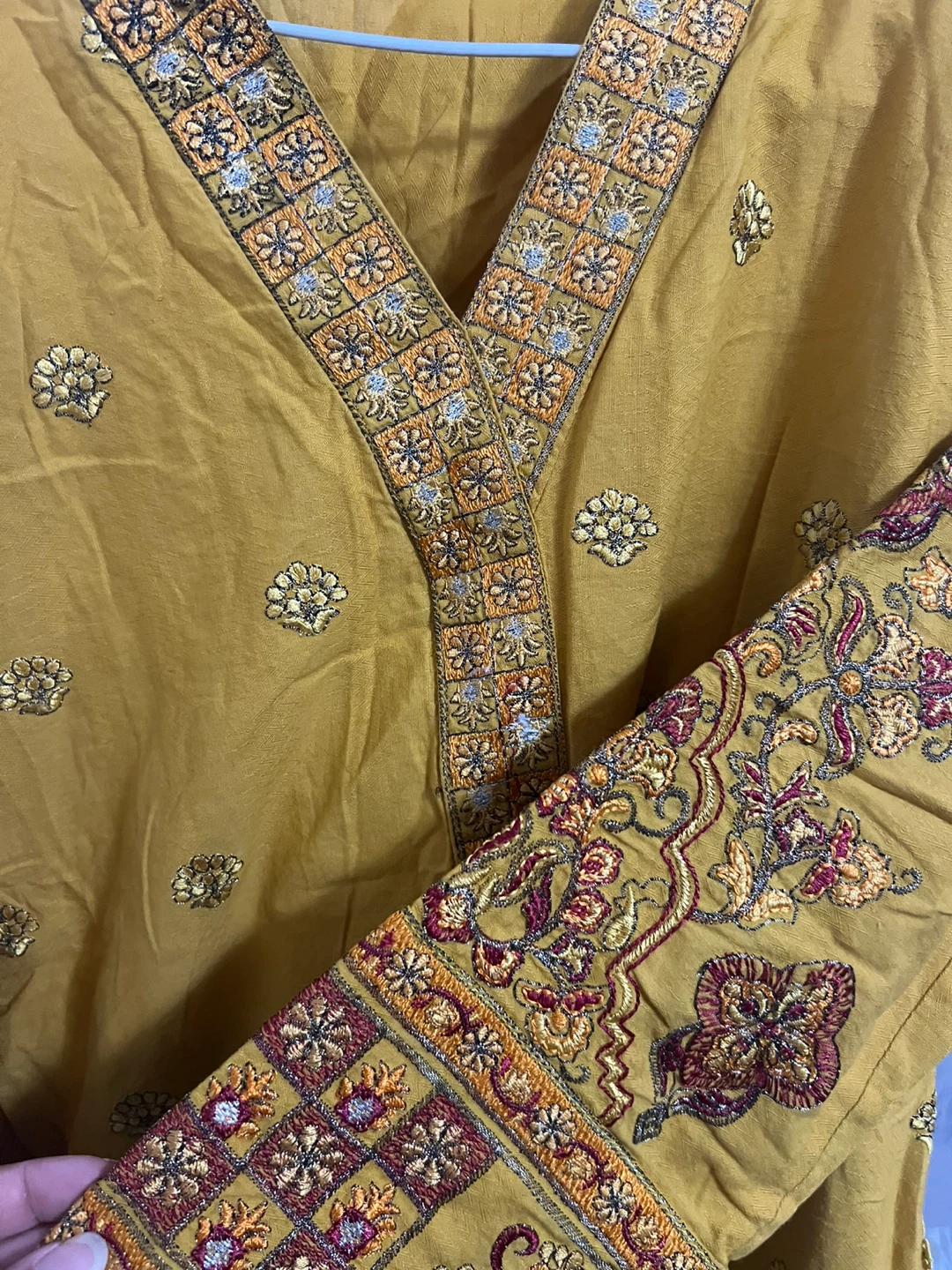 Two piece Embroidered Mustard Yellow Kurti and Beige Pants - photo 3
