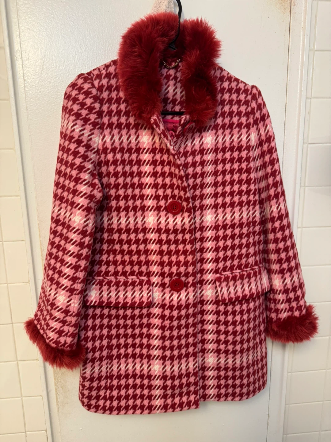 Betsey Johnson Pink Houndstooth Coat w/ Faux Fur Trim - photo 2