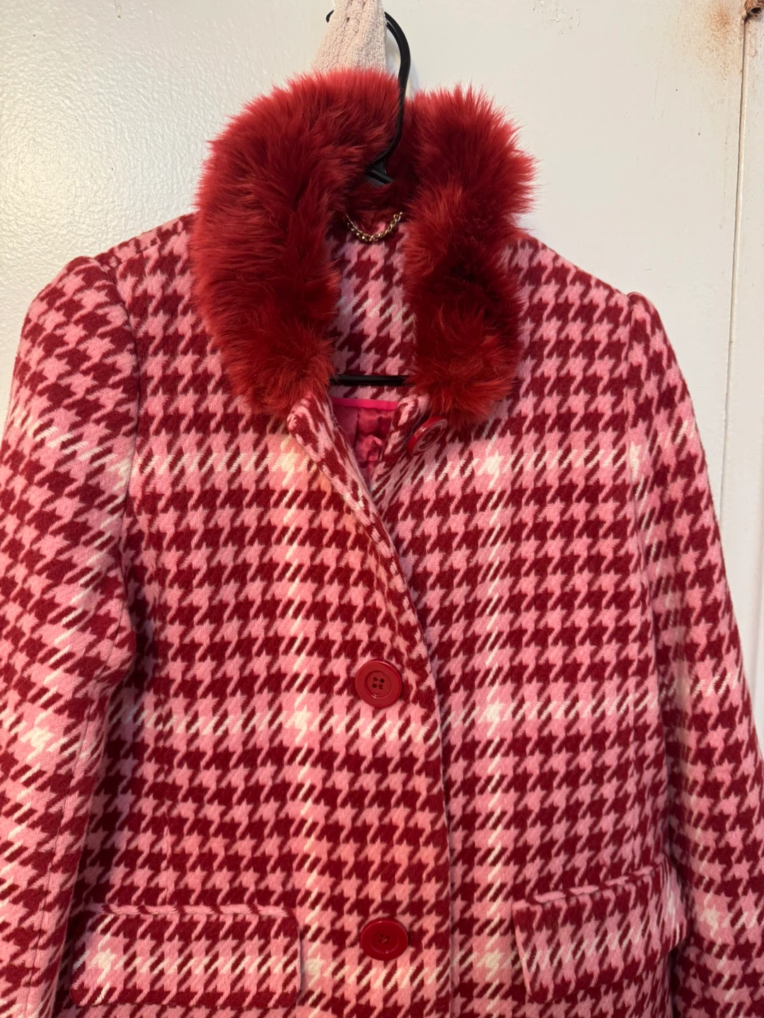 Betsey Johnson Pink Houndstooth Coat w/ Faux Fur Trim