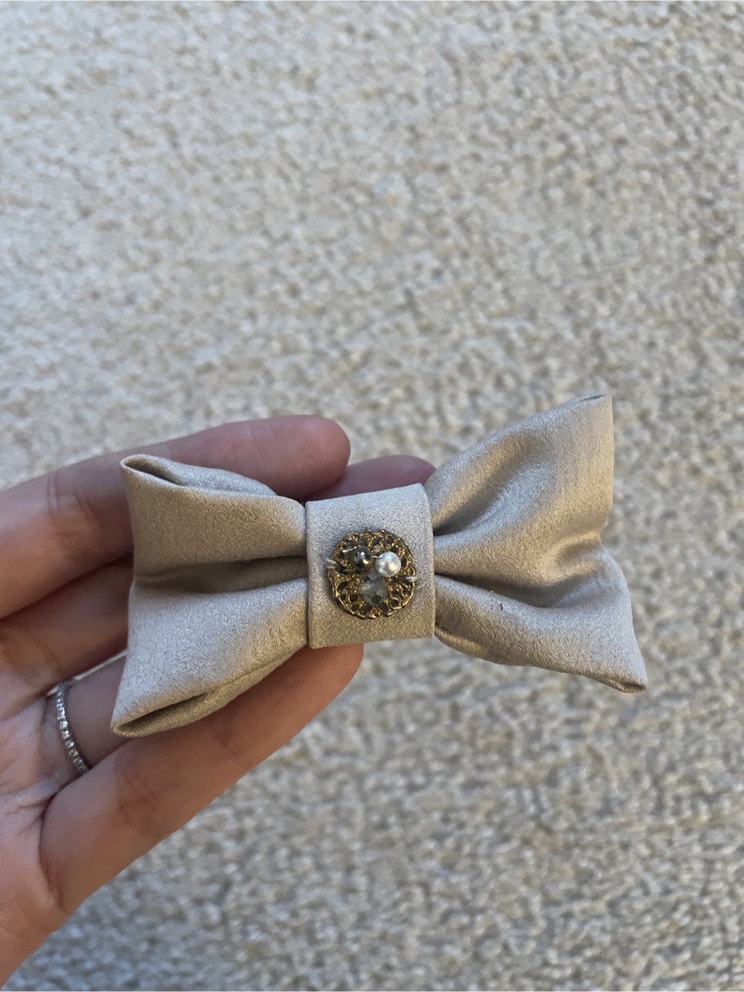 Beige Bow Hair Clip with Pearl Accent