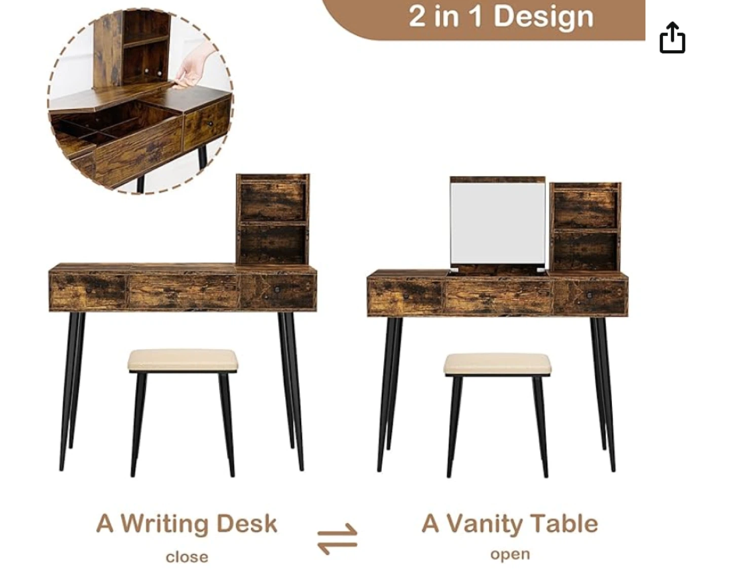 2-in-1 Writing Desk/Vanity Table - photo 3