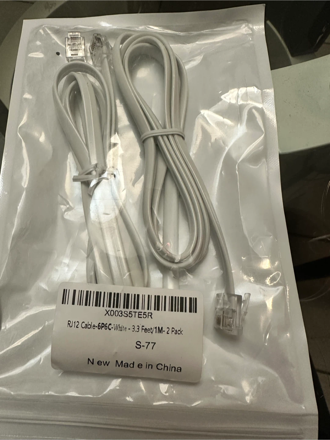 New RJ12 Cable - 6P6C White - 3.3 Feet/1M - 2 Pack