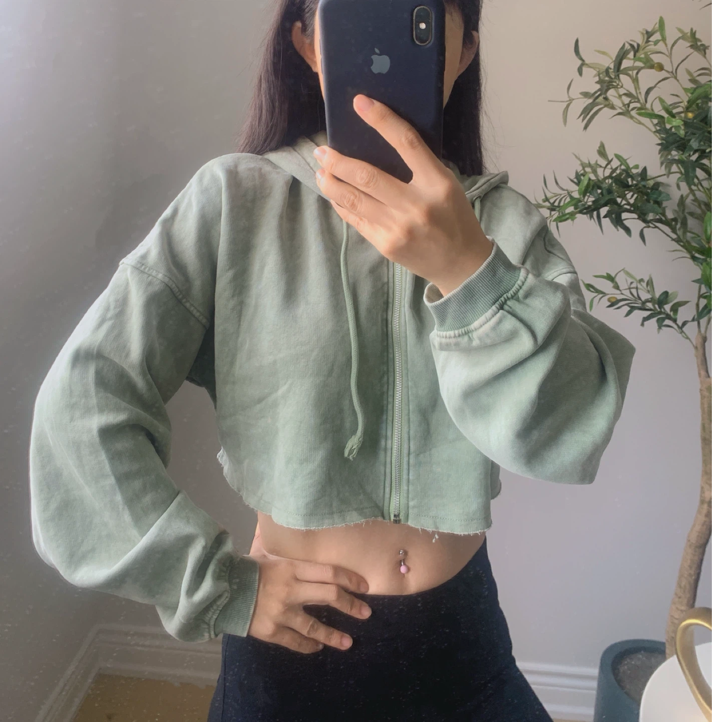 Fashion Nova Sage Green Cropped Hoodie Size M New