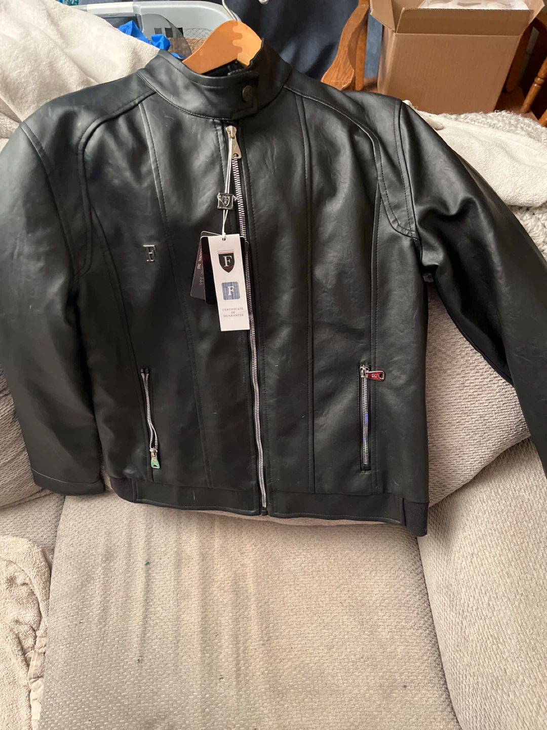 F Collections Black Leather Jacket - Size M