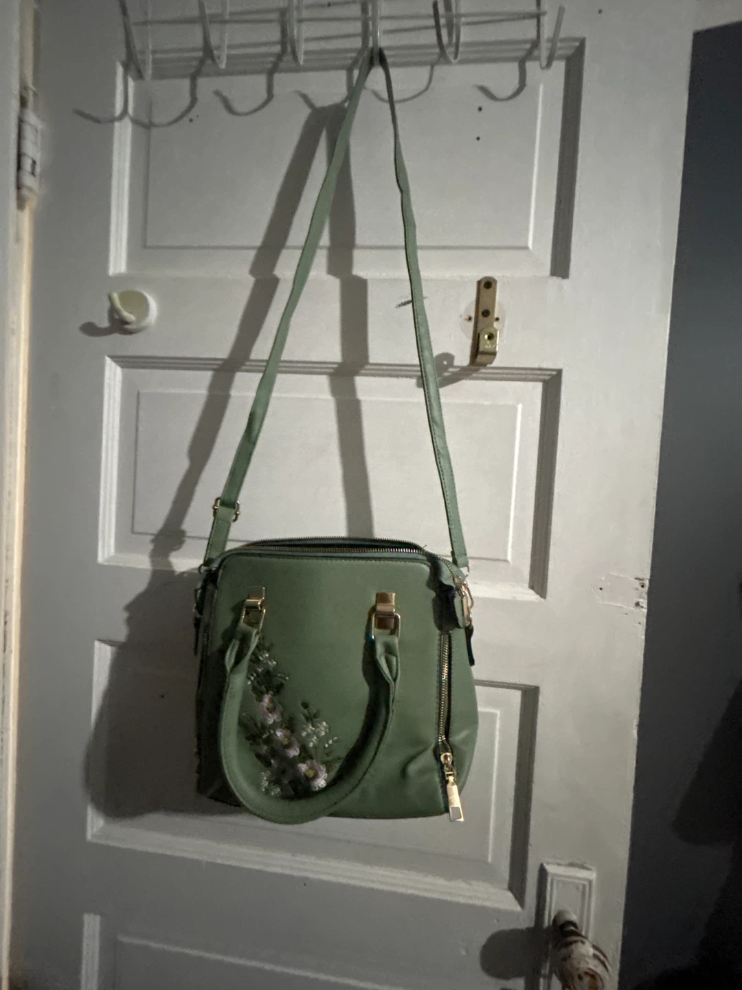 Green Floral Embroidered Satchel Bag
