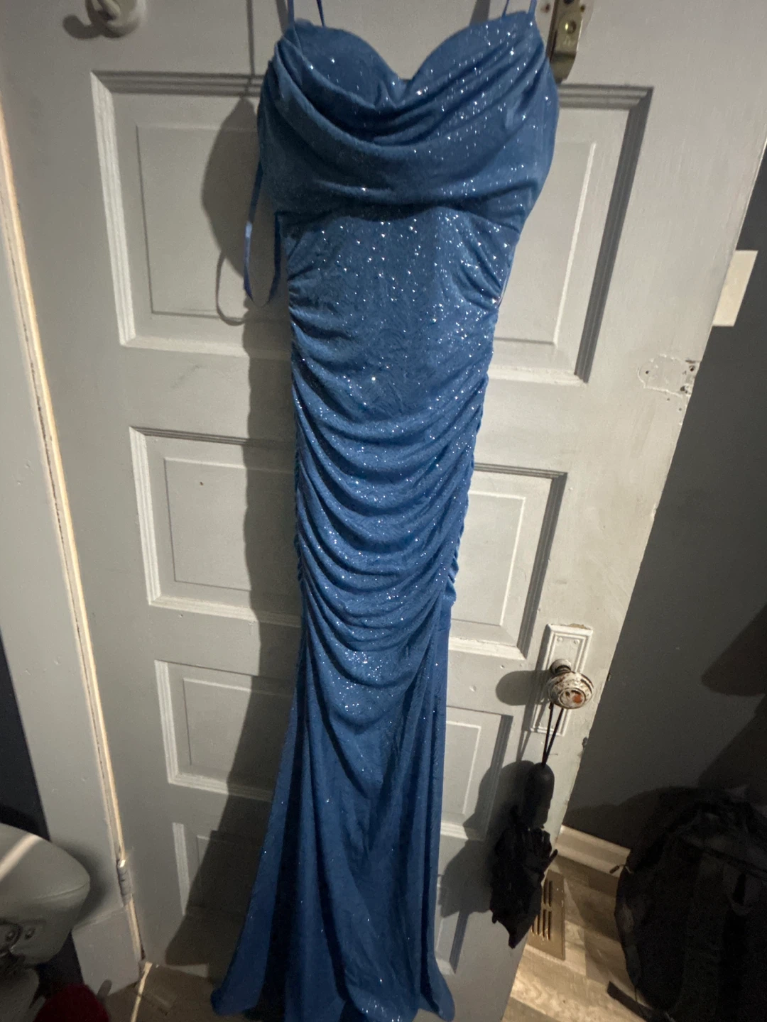 Juniors' Glitter Cowlneck Mermaid Gown