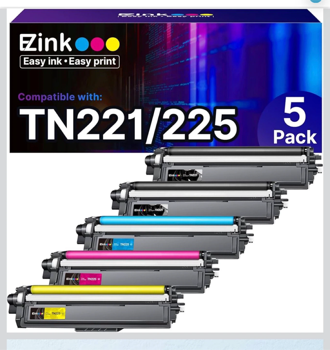 EZinkoo TN221/225 Ink Cartridge 5-Pack