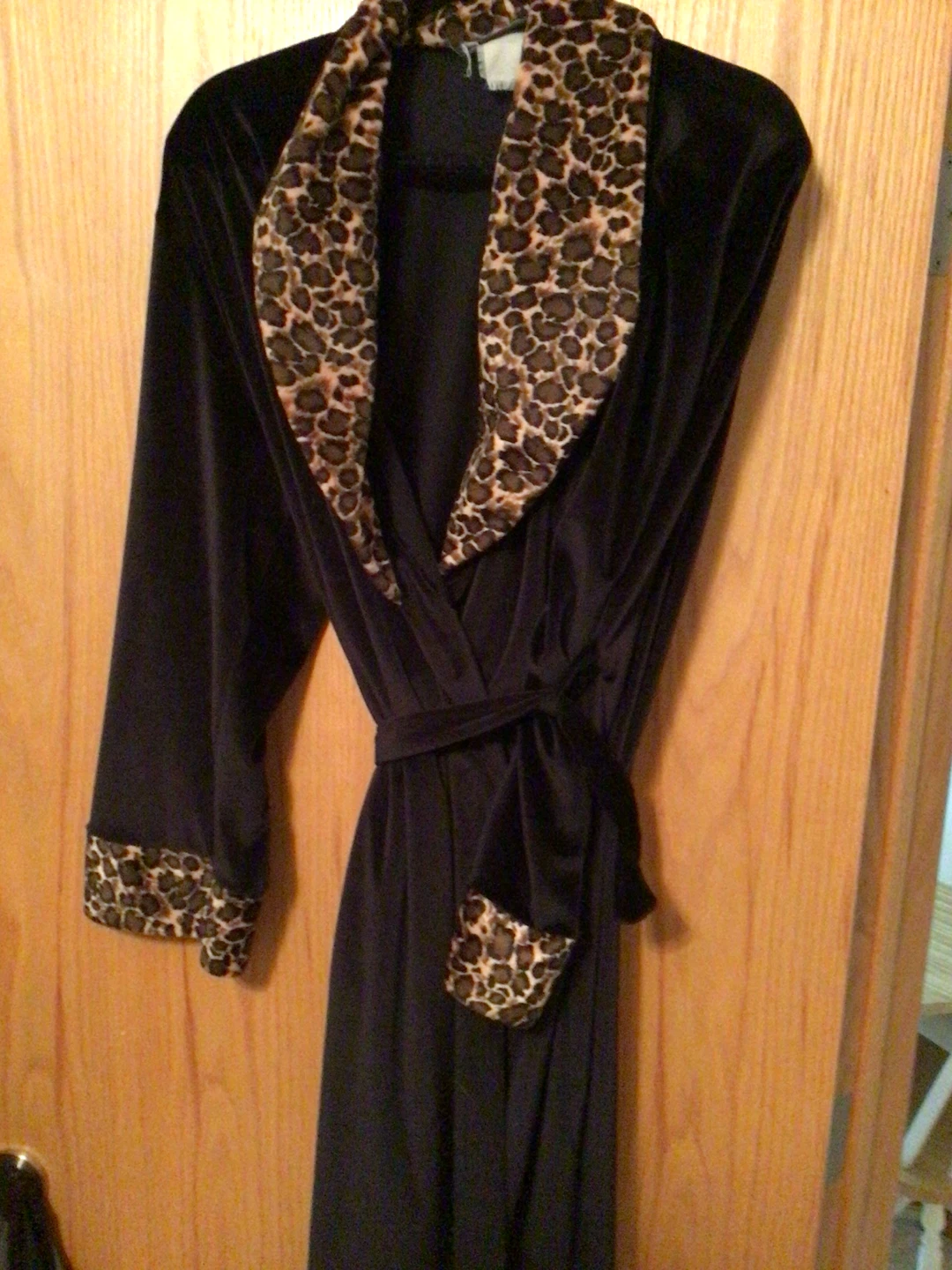 Black Velvet Robe with Leopard Trim