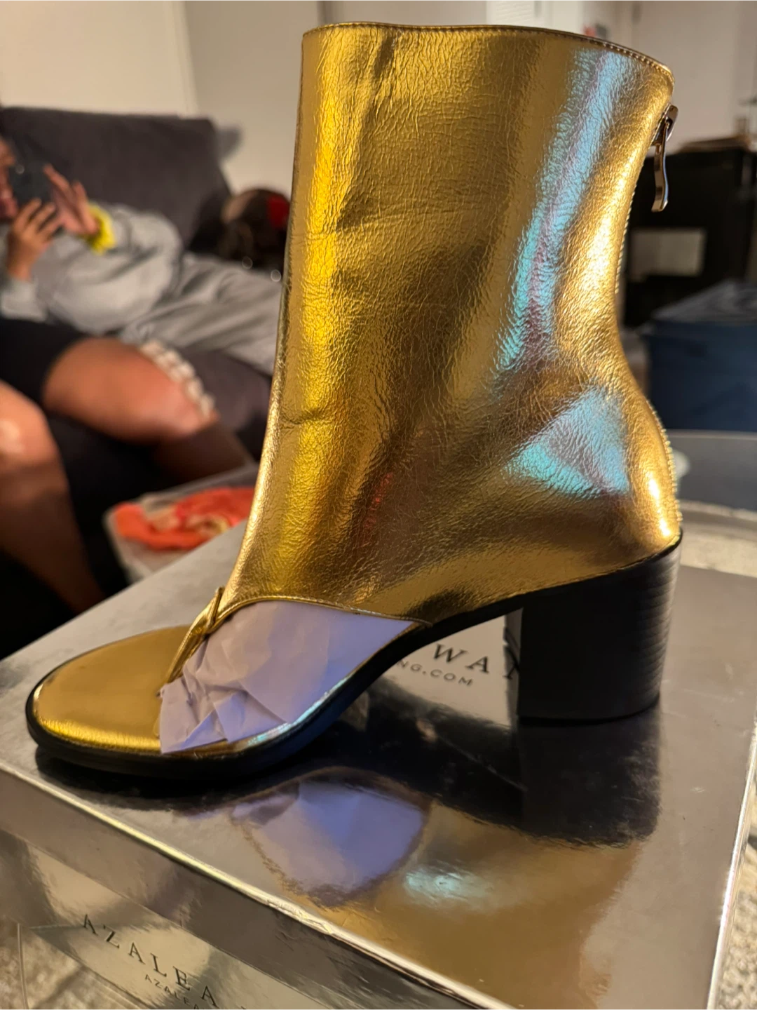Azalea Wang Gold Ankle Boot Thong Heel - Size 8