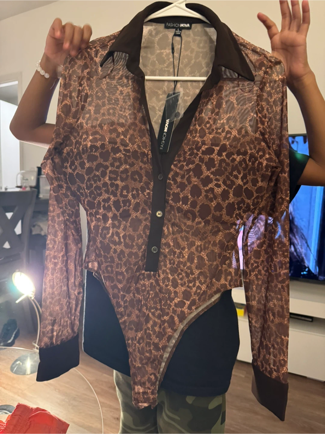 Fashion Nova Leopard Print Bodysuit - Size L - photo 2