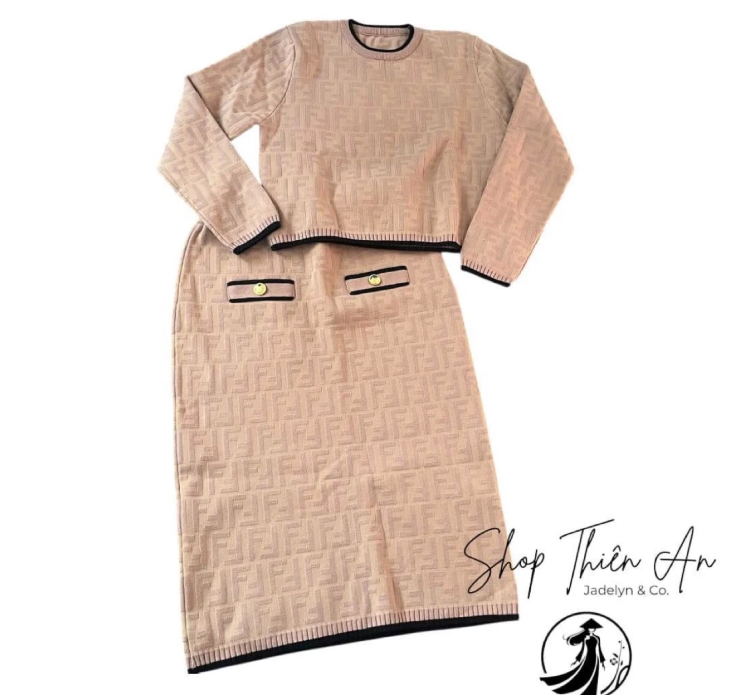 Fendi-Style Beige Knit Skirt Set