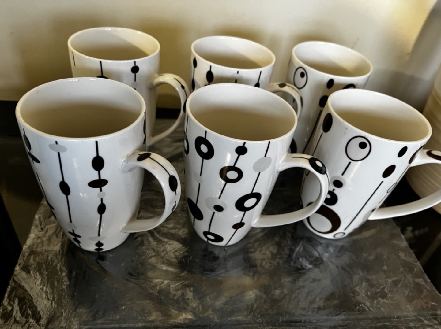 Set of 6 White Coffee Mugs with Black Design