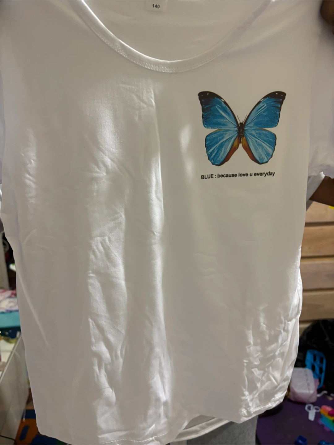 Custom made White T-shirt with Blue Butterfly 🧡