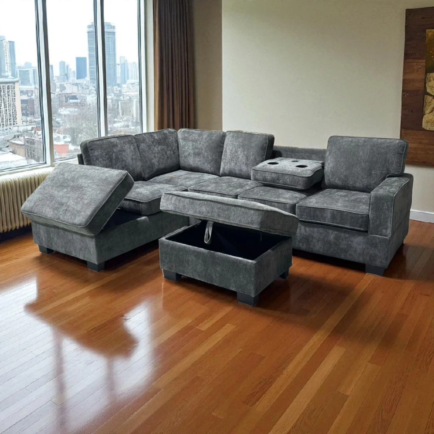 Grey Sectional Sofa with Storage Ottoman