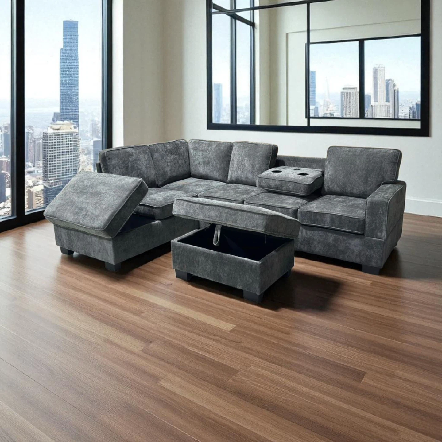 Grey Sectional Sofa with Storage Ottoman - photo 2