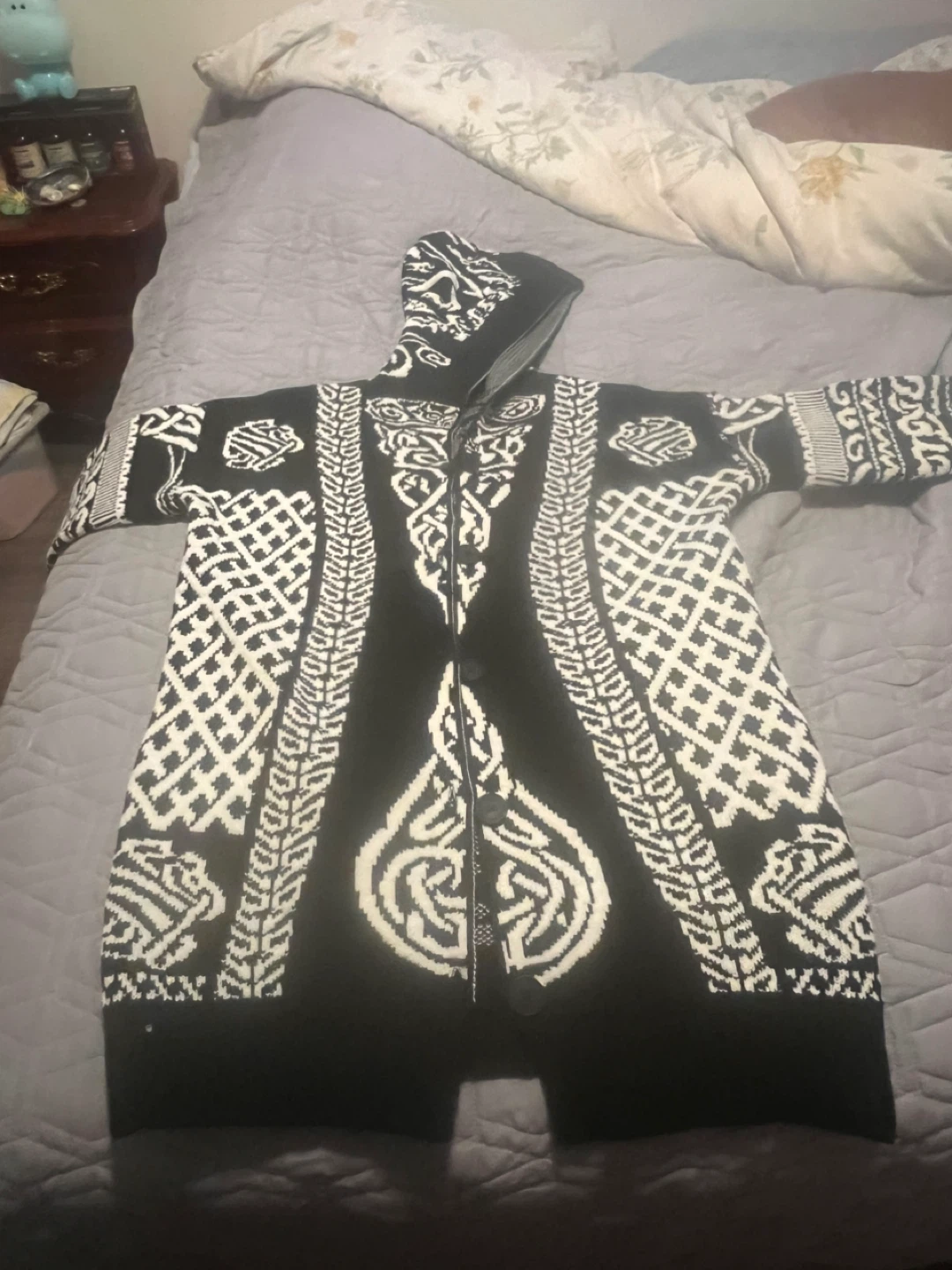 Hooded Knit Cardigan - Black & White Pattern - photo 2