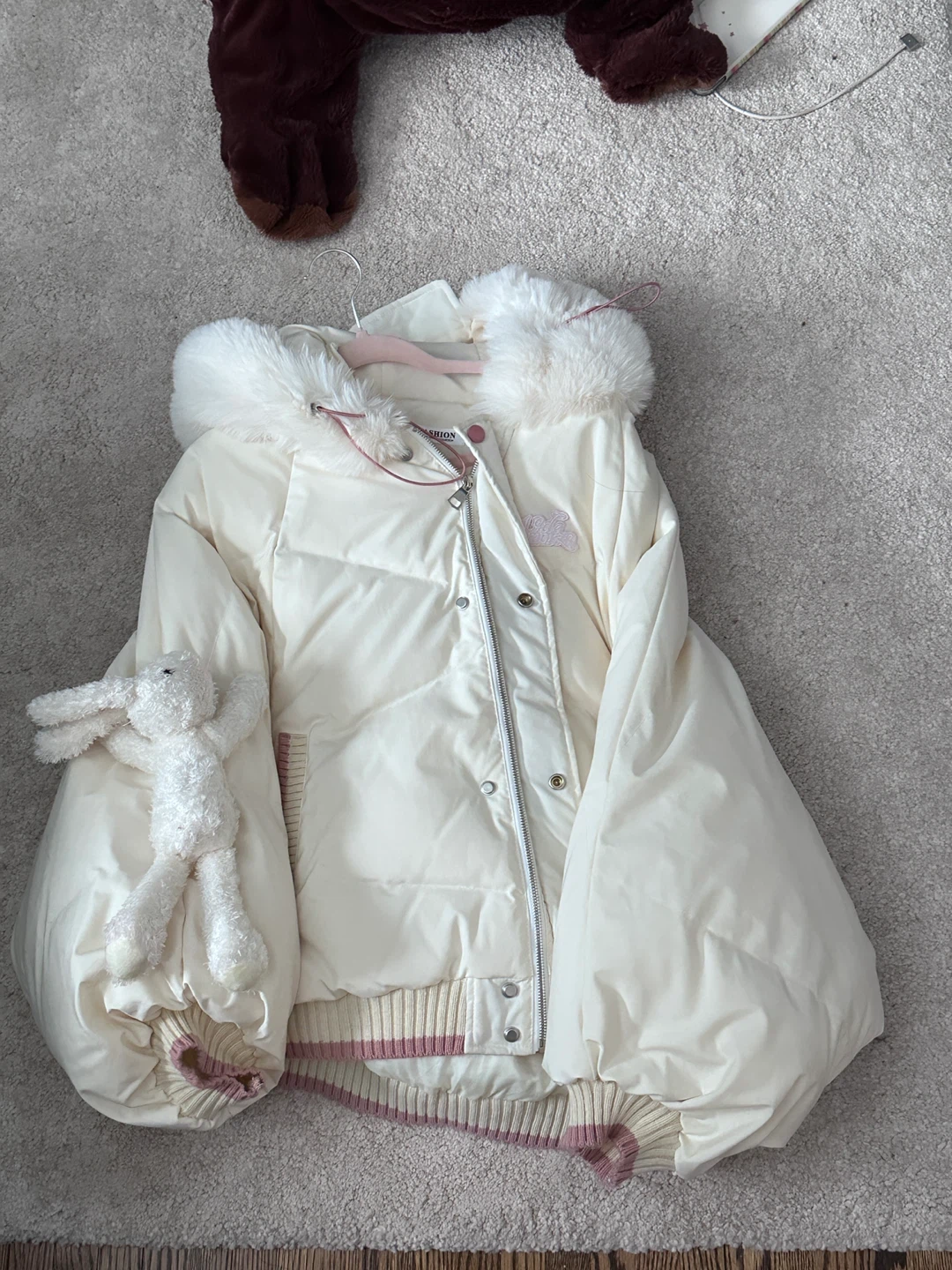Cream Puffer Jacket with Bunny