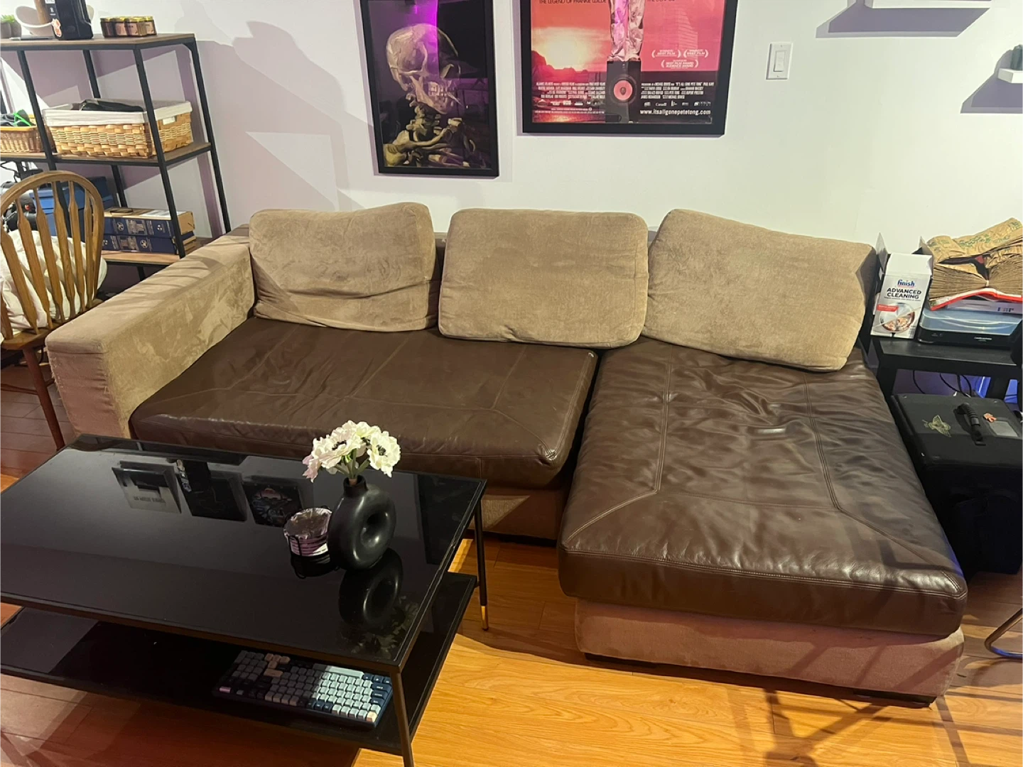 Brown Leather & Beige Fabric Sectional Sofa