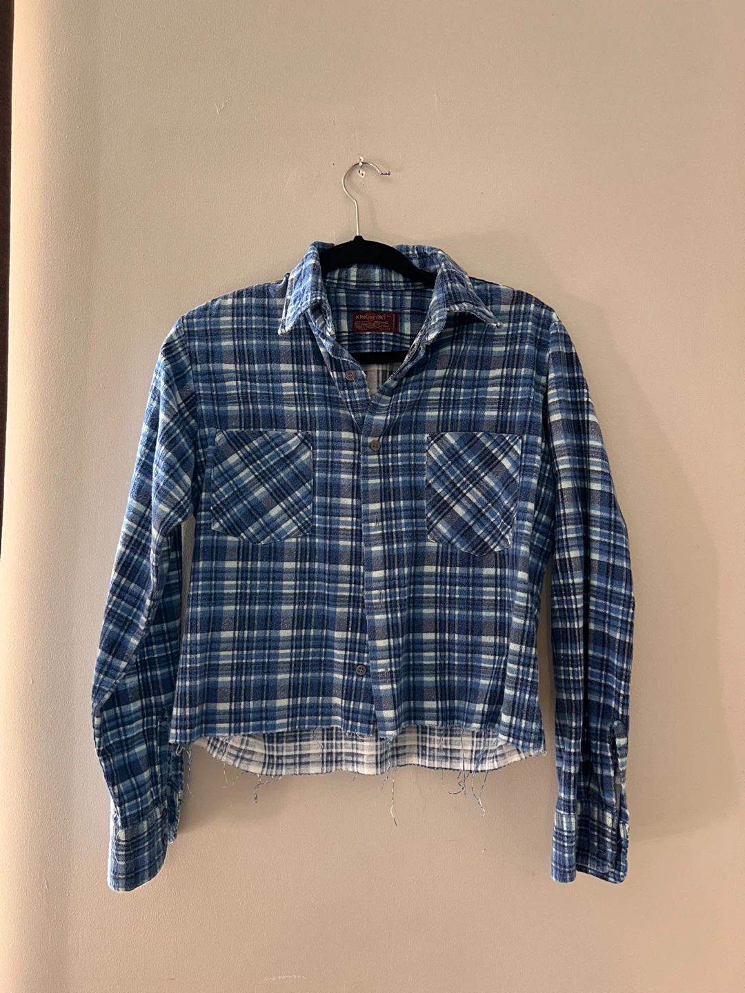 Kingsport Blue Plaid Flannel Cropped Shirt, Size M