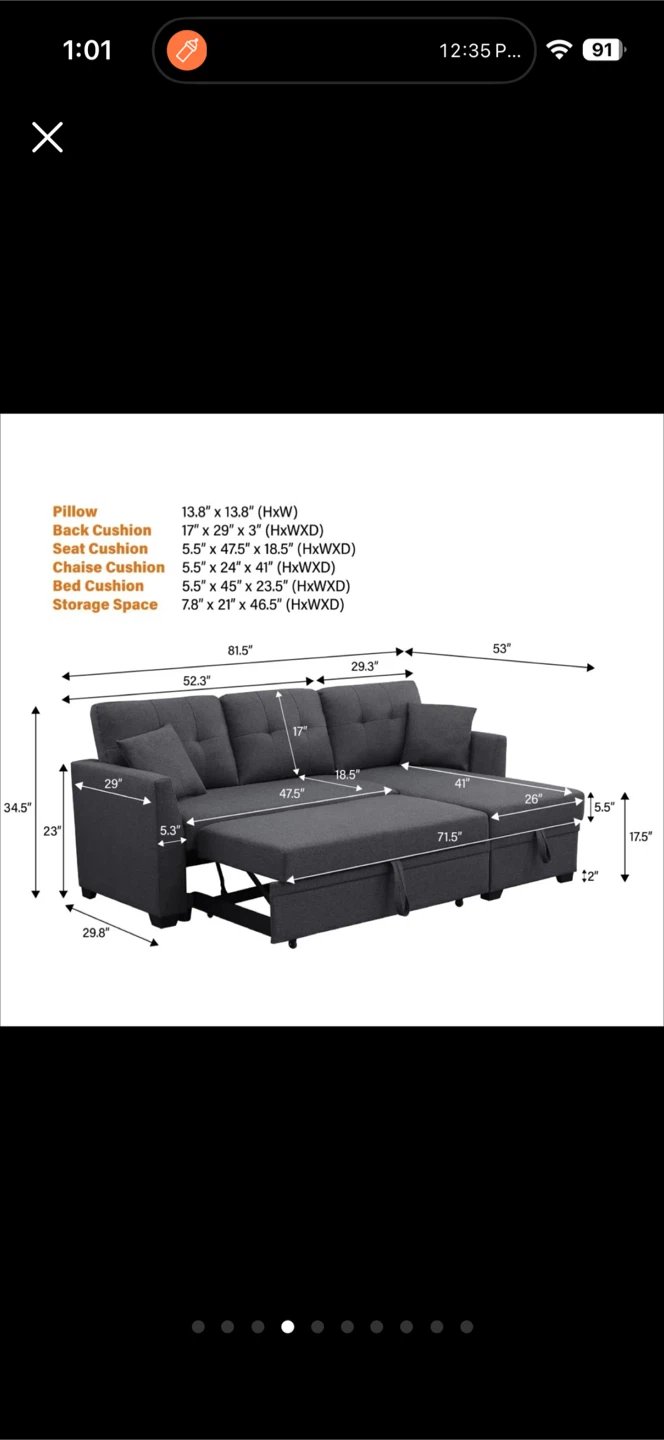 Grey Convertible Sectional Sofa Couch with Pull Out Bed - photo 5