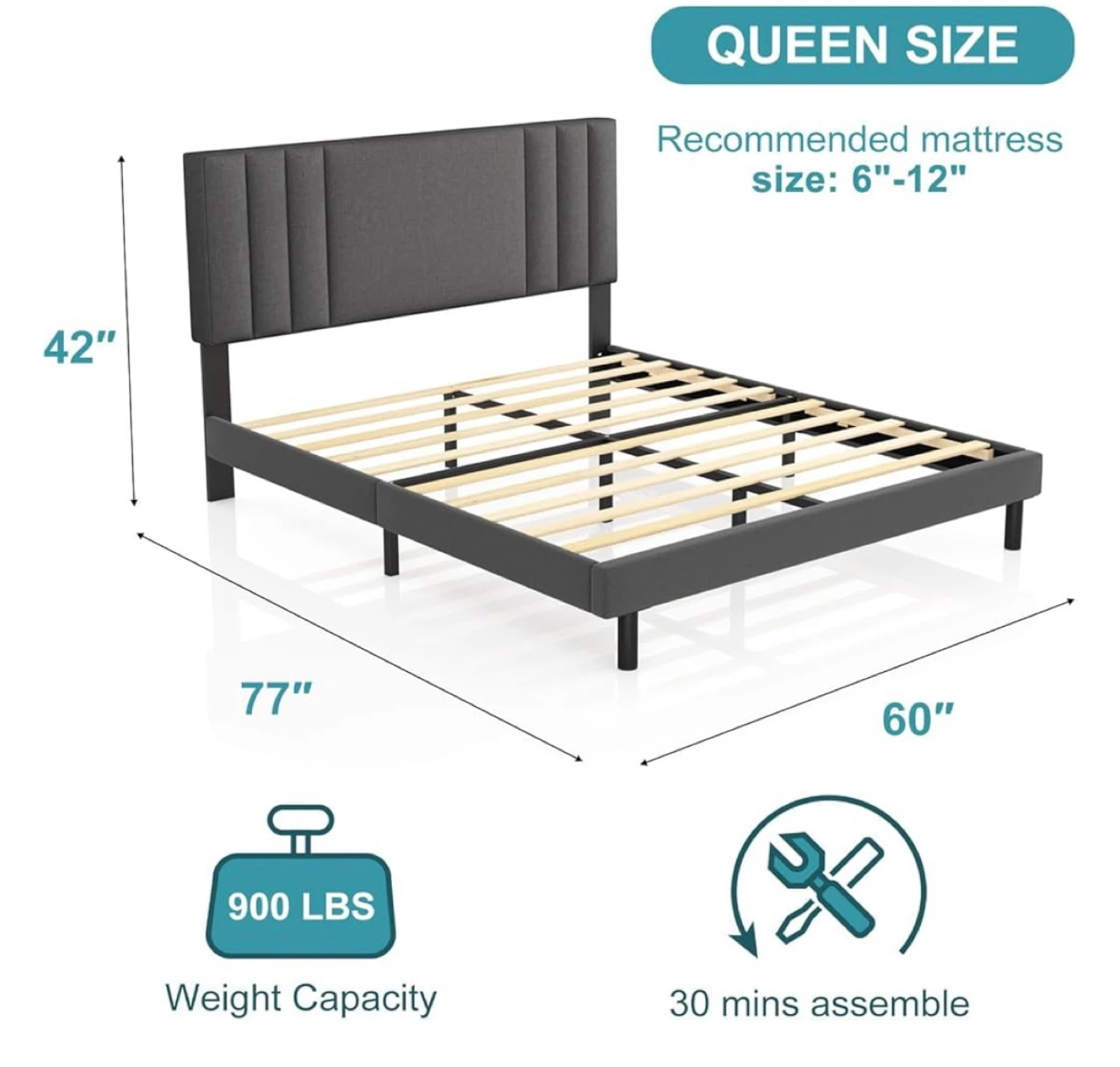 Queen Size Upholstered Platform Bed Frame with Headboard - photo 2