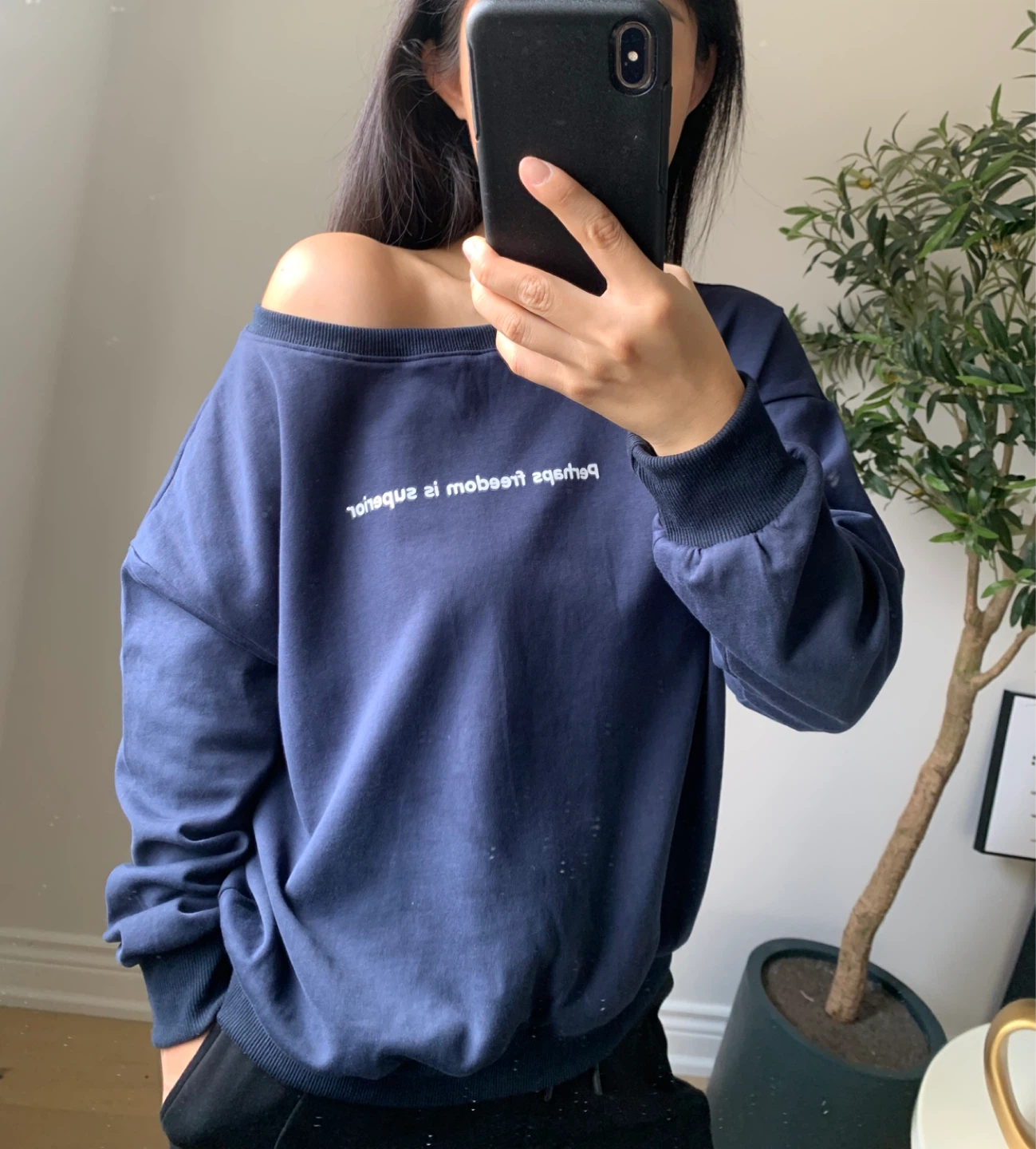 Navy Off-Shoulder Sweatshirt Relaxed Fit Size M
