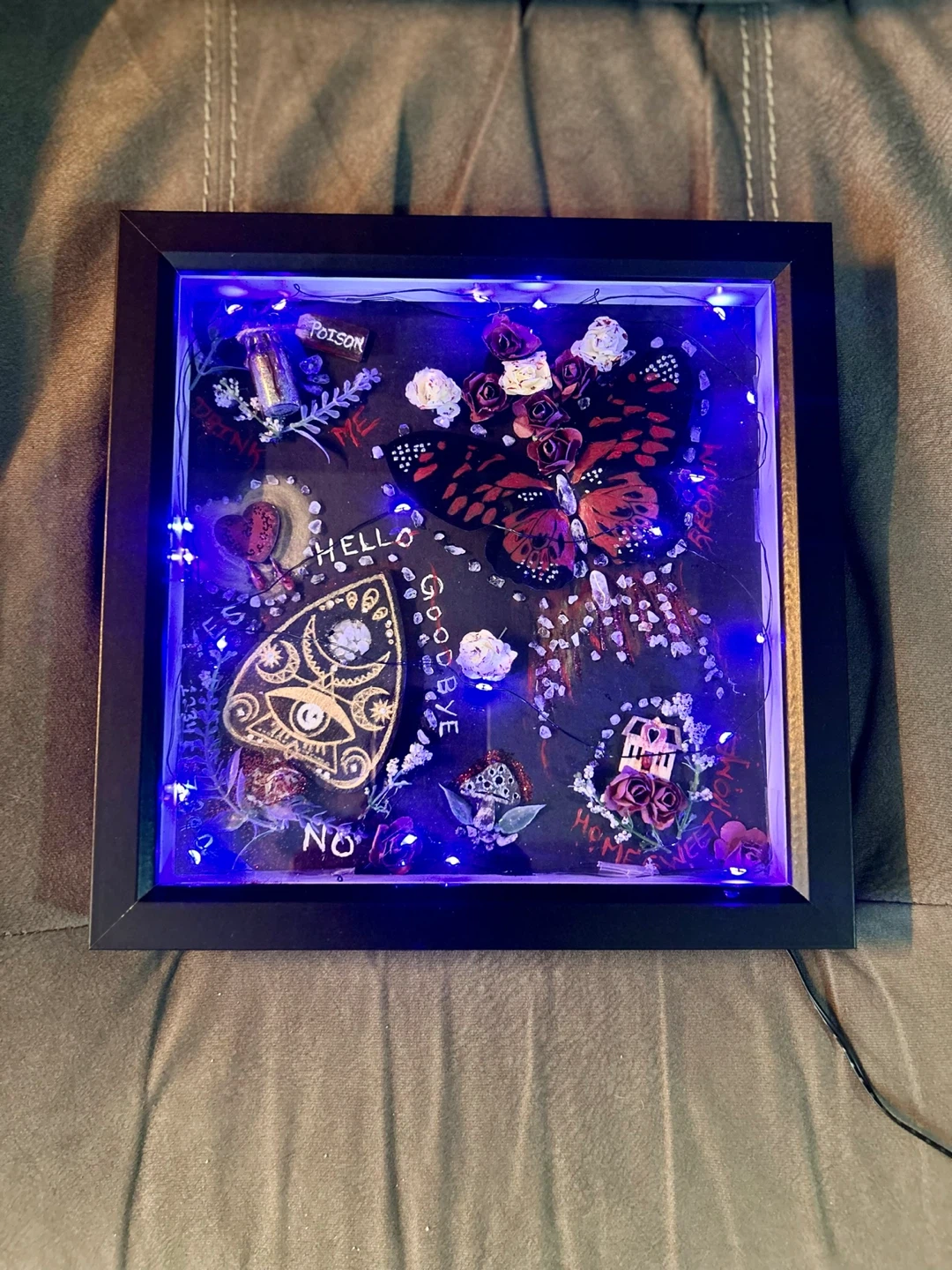 Gothic Ouija Shadow Box Art with Purple Fairy Lights