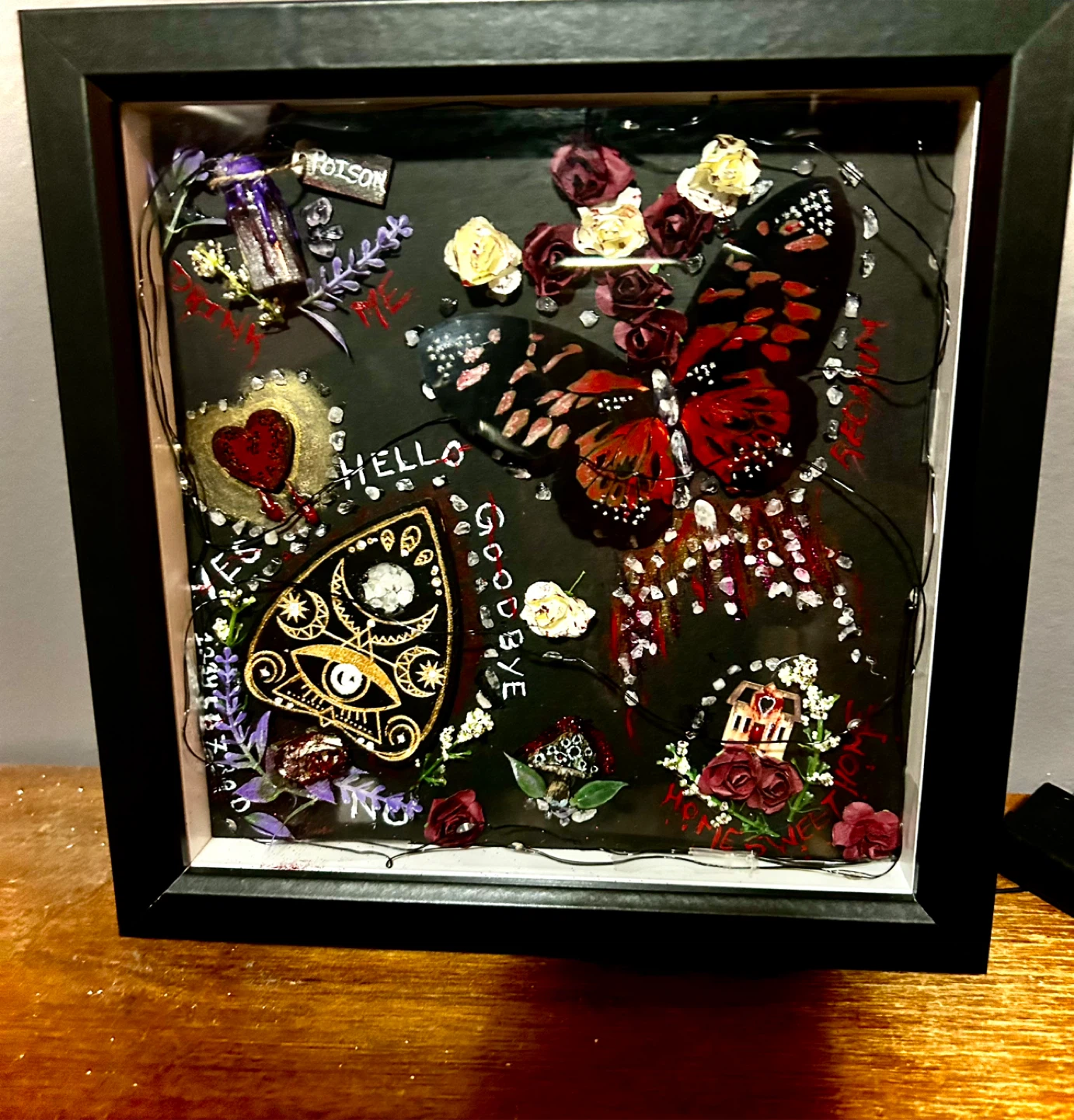 Gothic Ouija Shadow Box Art with Purple Fairy Lights - photo 2