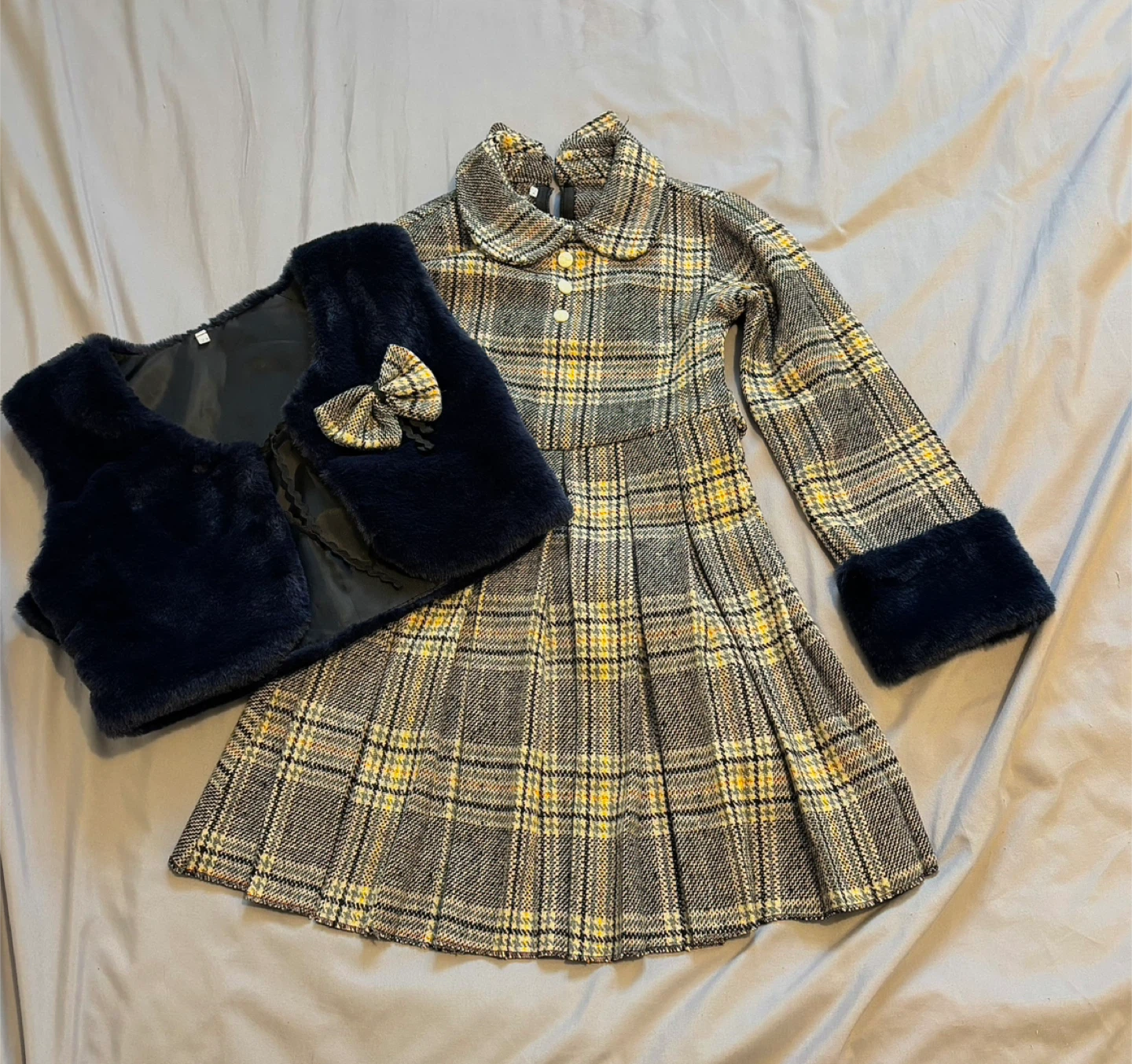 Girl's Plaid Dress with Faux Fur Vest
