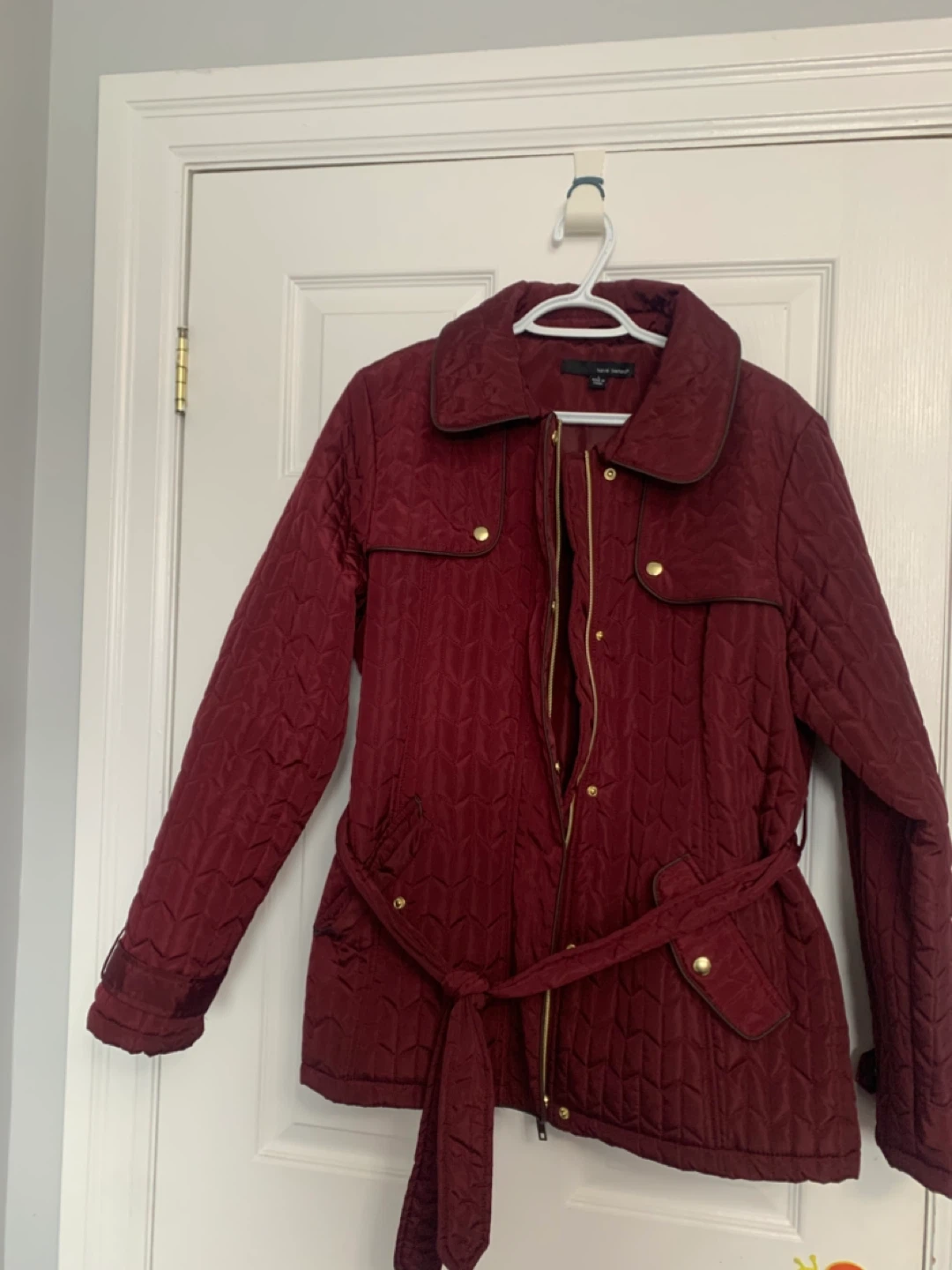 Harvé Benard Burgundy Quilted Belted Jacket - Size L