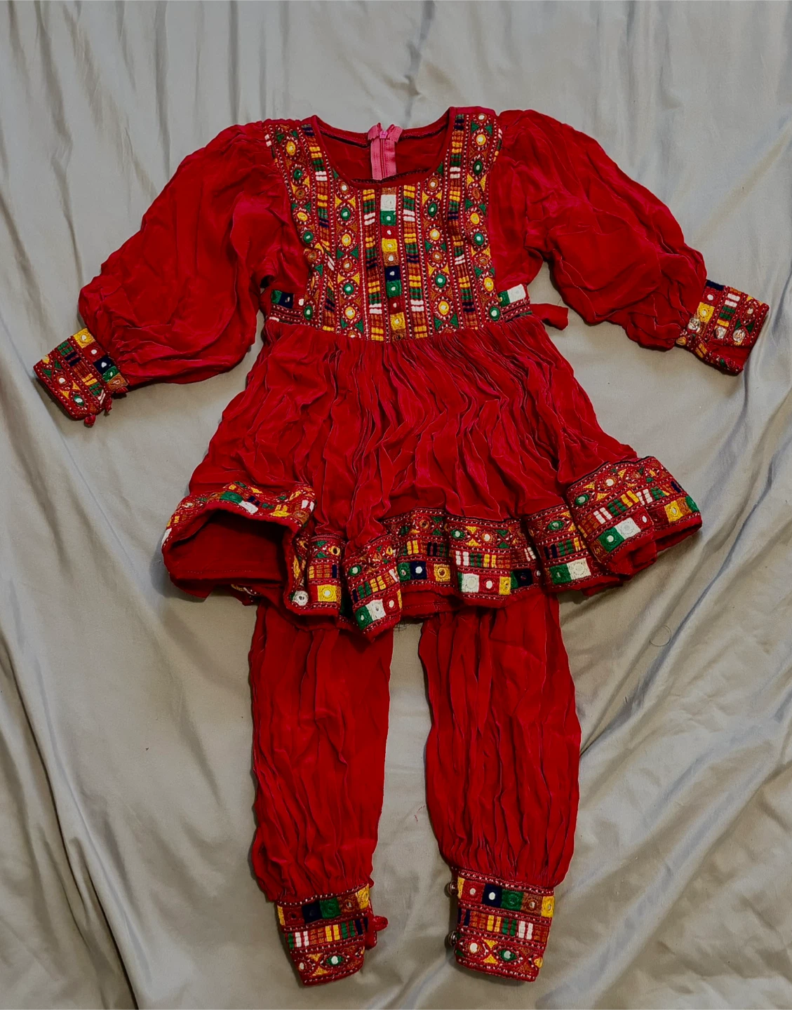 Kids’ Red Embroidered Afghan Dress, Pants, and Scarf