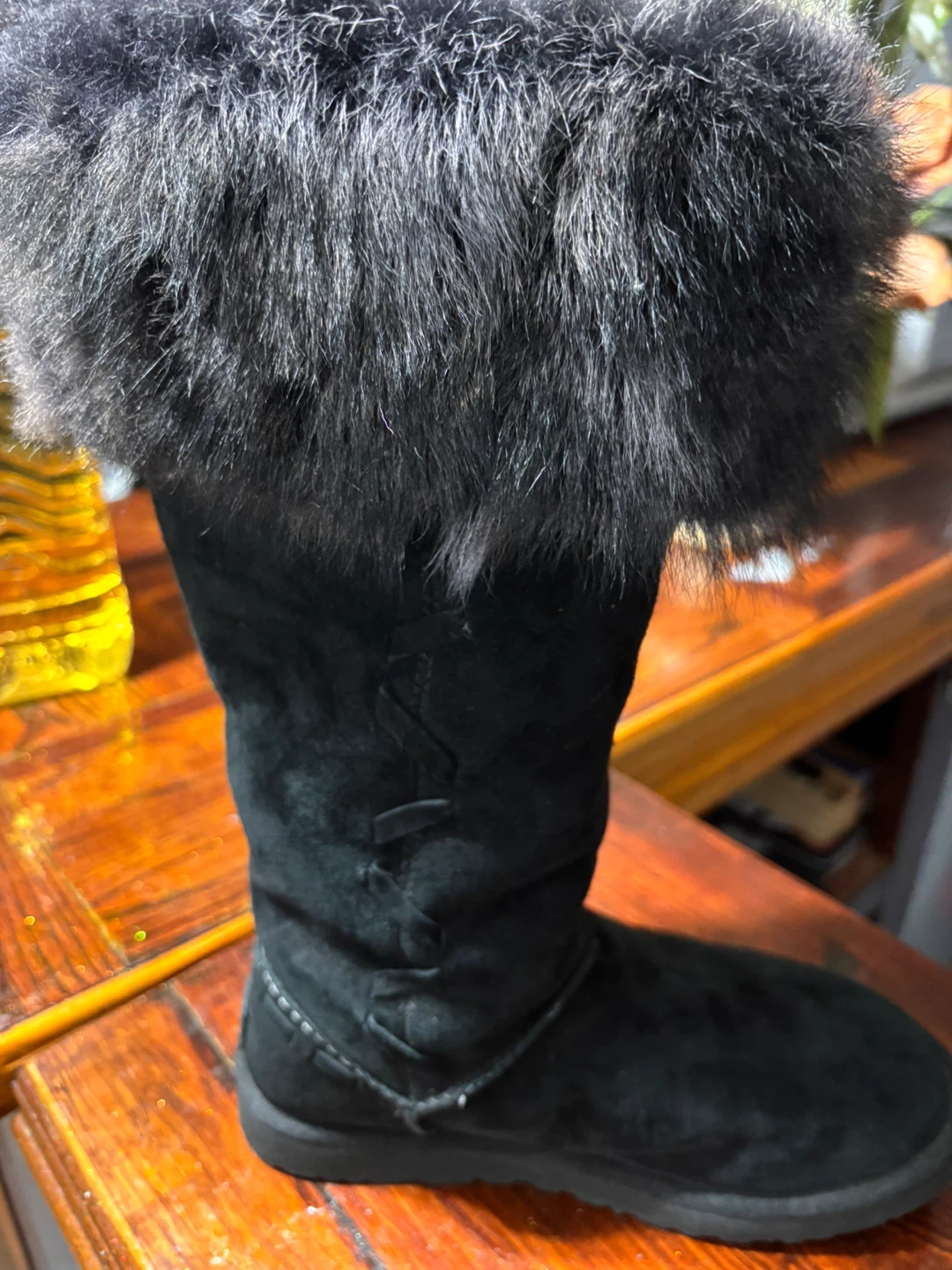 UGG Black Suede Boots with Fur Trim