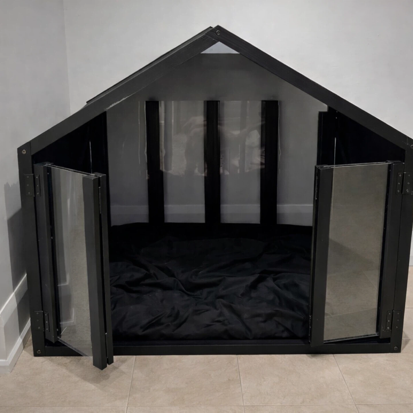 Modern Black Dog House with Clear Doors