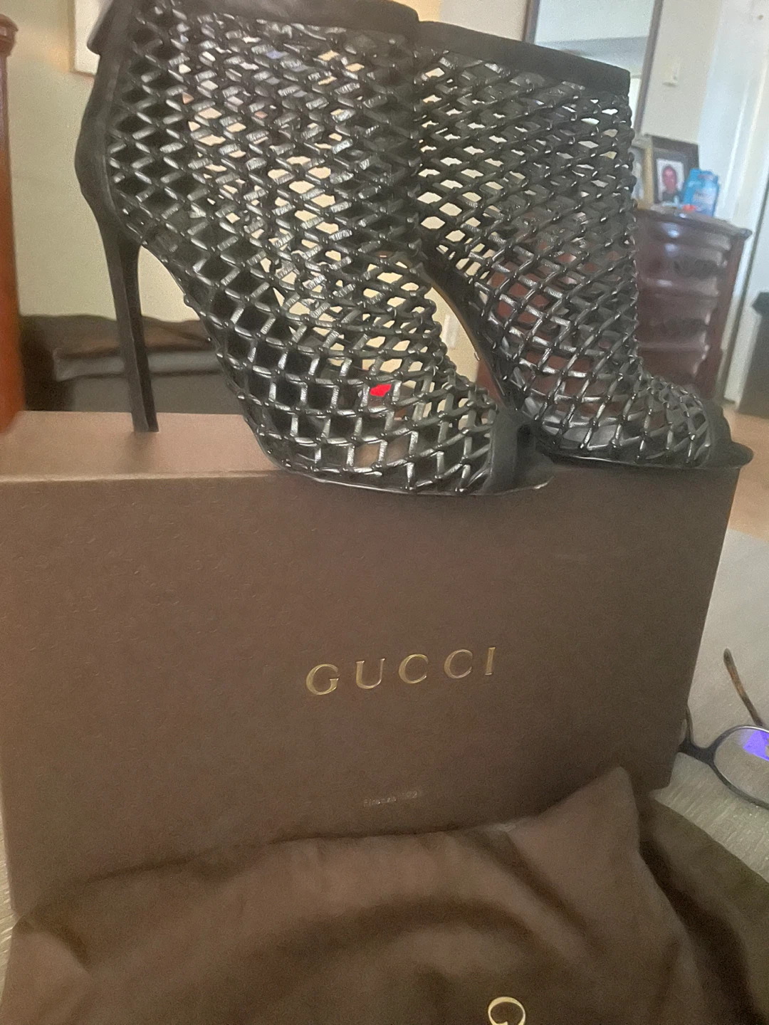 Gucci Black Suede Open Toe Heels