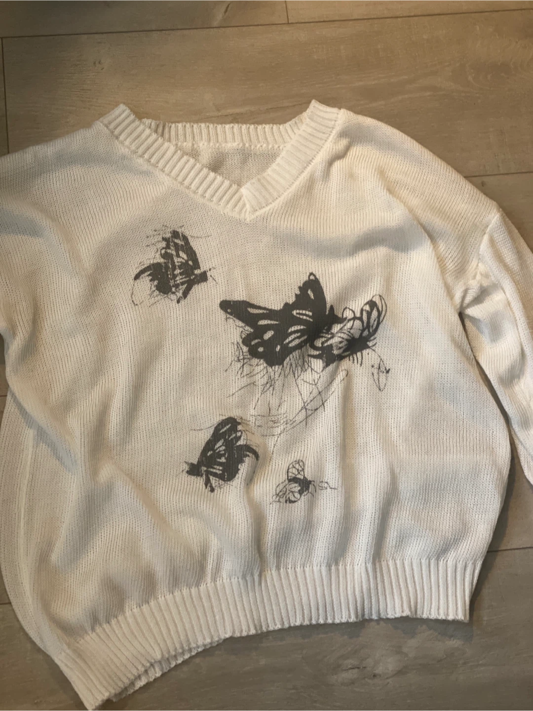White Butterfly Print V-Neck Sweater