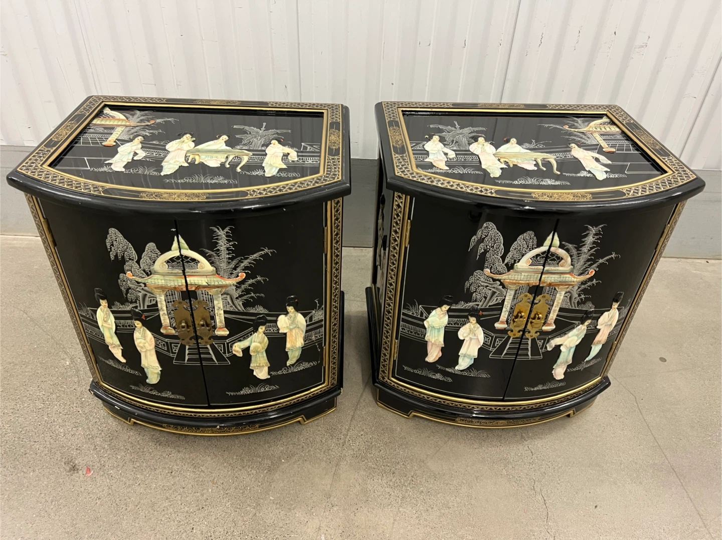 Black Lacquer Asian Style End Tables - Pair