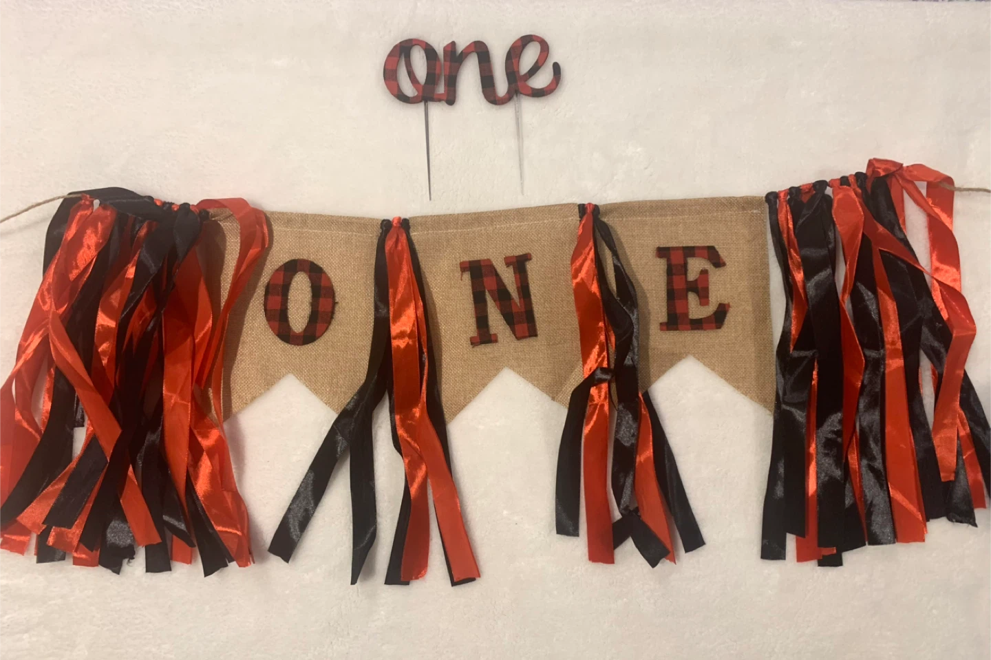 Red & Black Plaid 'One' Cake Topper & Banner