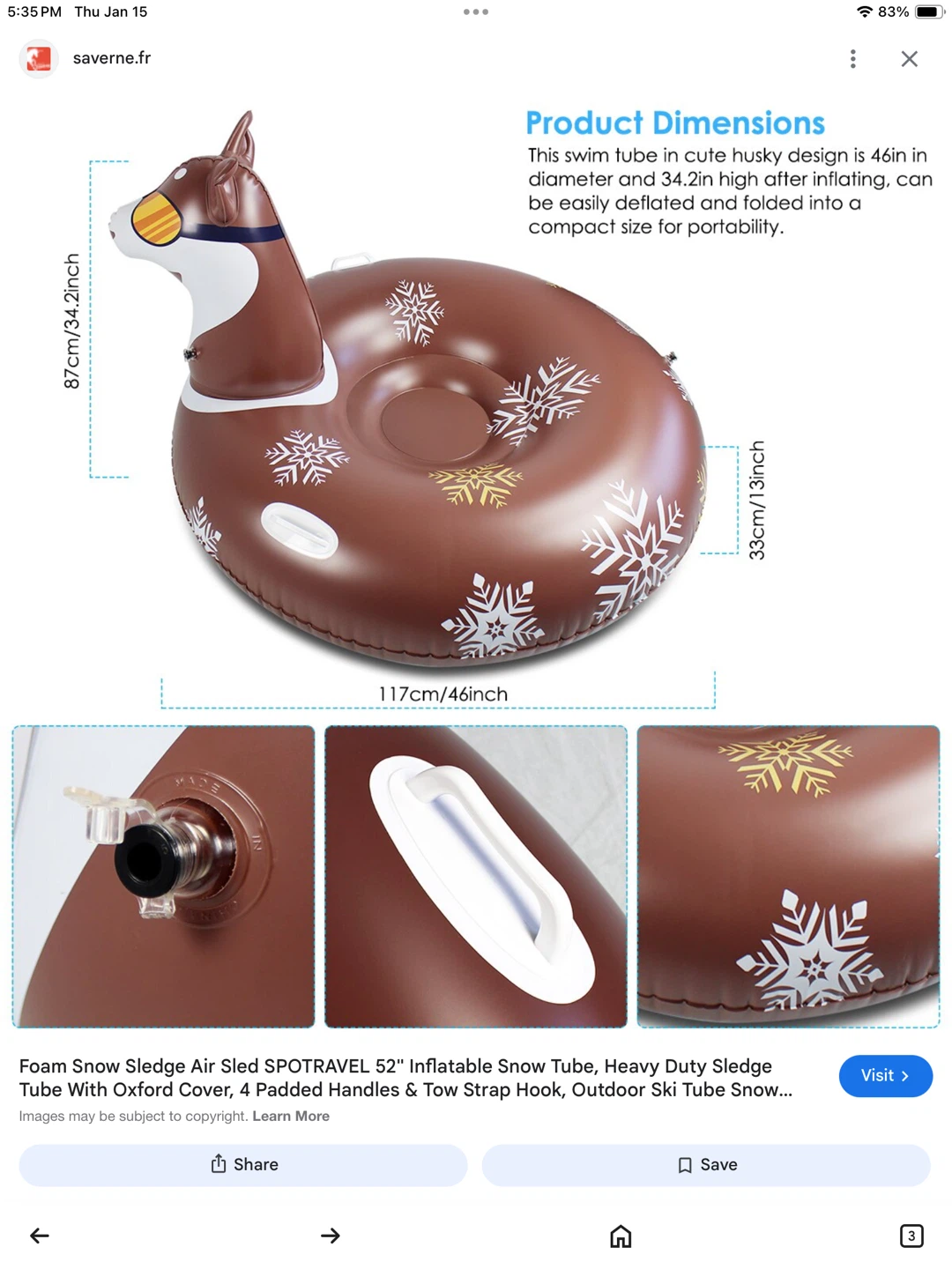 Inflatable sturdy Snow Tube Sled - cool deer design - photo 2
