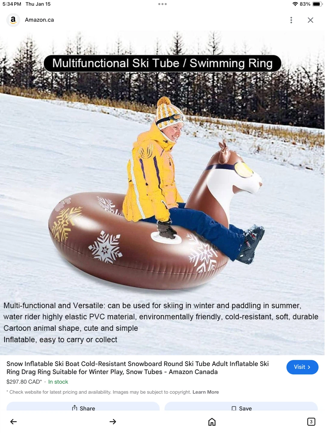 Inflatable sturdy Snow Tube Sled - cool deer design