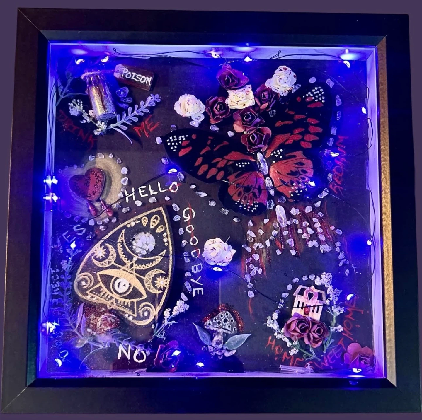 Gothic Ouija Shadow Box Art with Purple Fairy Lights - photo 3
