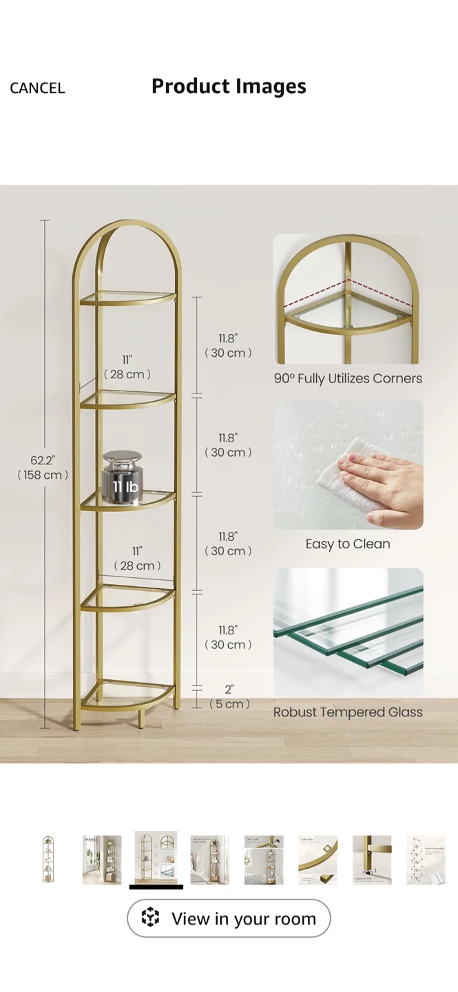VASAGLE 5 tier Gold Corner Shelf with Tempered Glass - photo 5