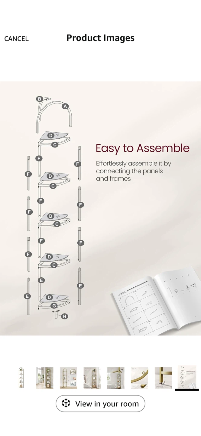 VASAGLE 5 tier Gold Corner Shelf with Tempered Glass