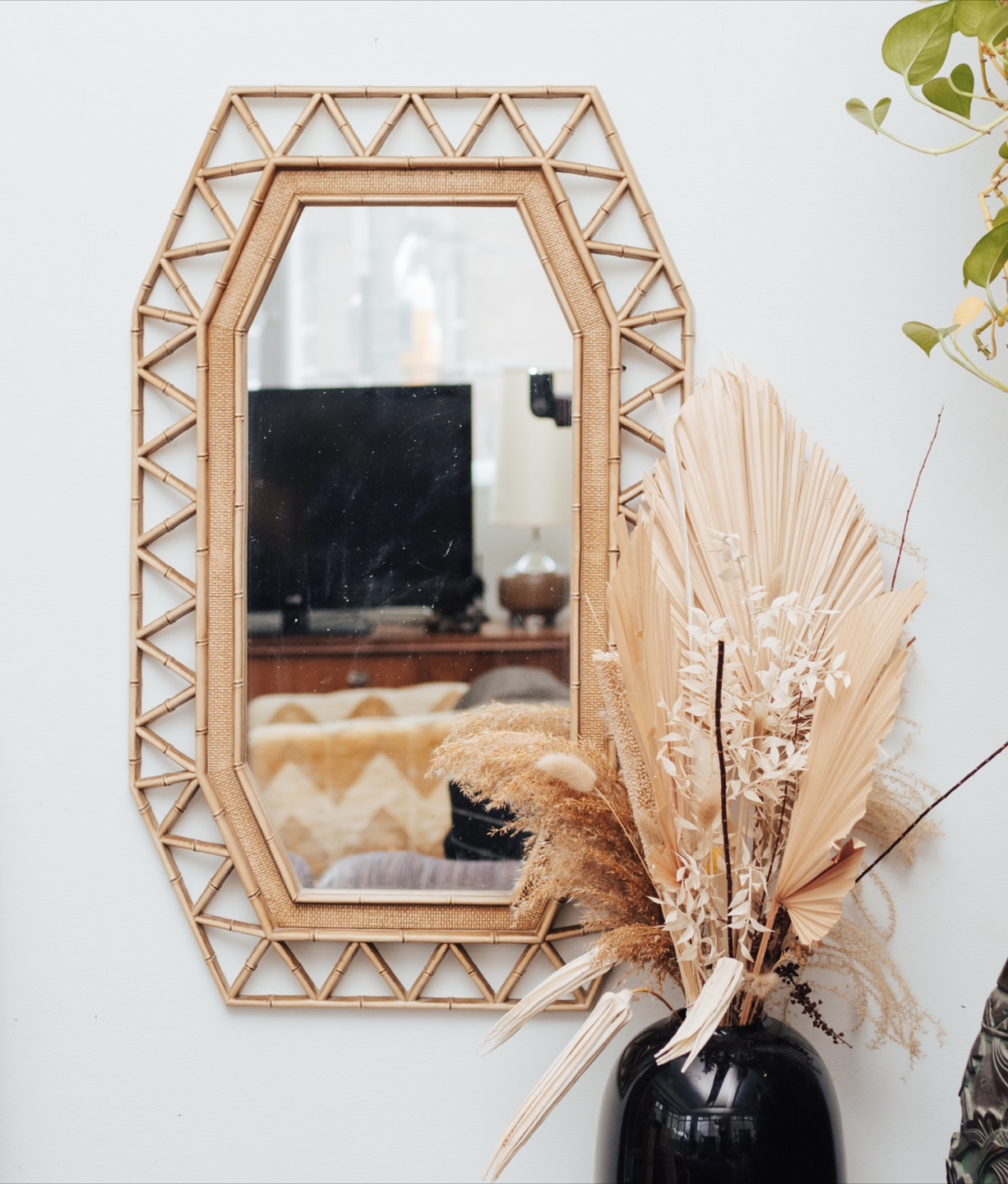 Vintage Rattan Wall Mirror – Geometric Frame (18” x 31”)