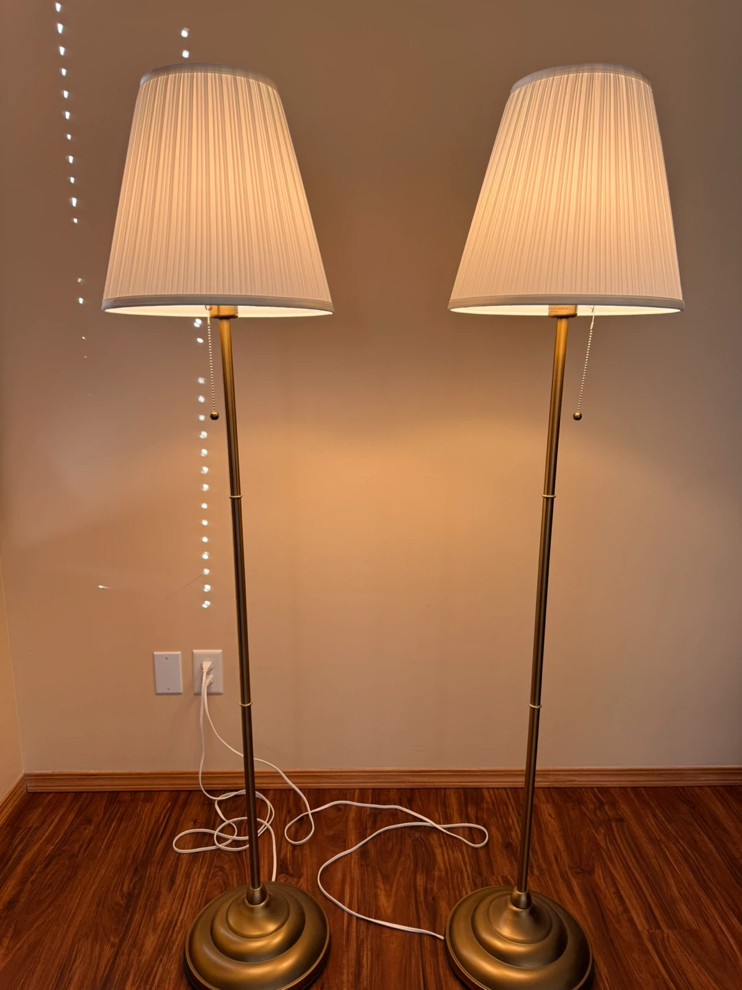 Pair of Brass Floor Lamps with White Shades