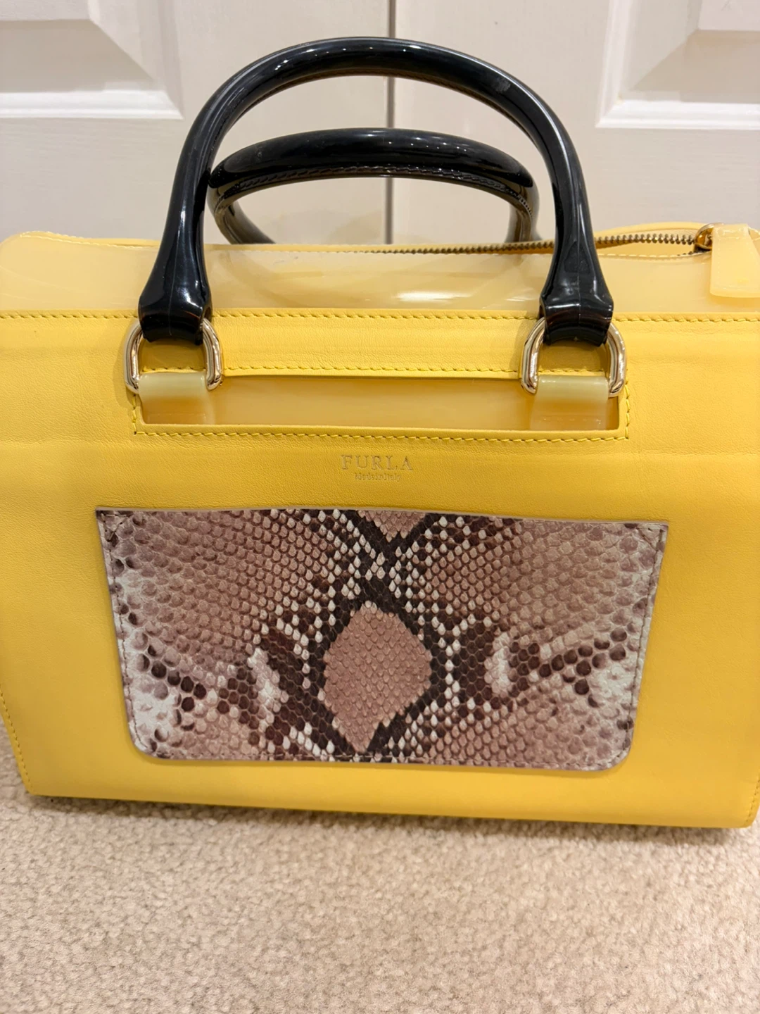Furla Candy satchel yellow rubber/snakeskin-embossed leather.