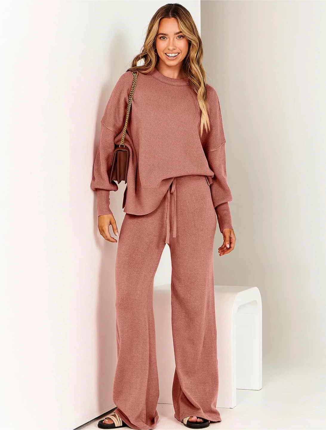 NEW! Oversized Chunky Knit Sweater Wide Leg Pants Loungewear Set - photo 5